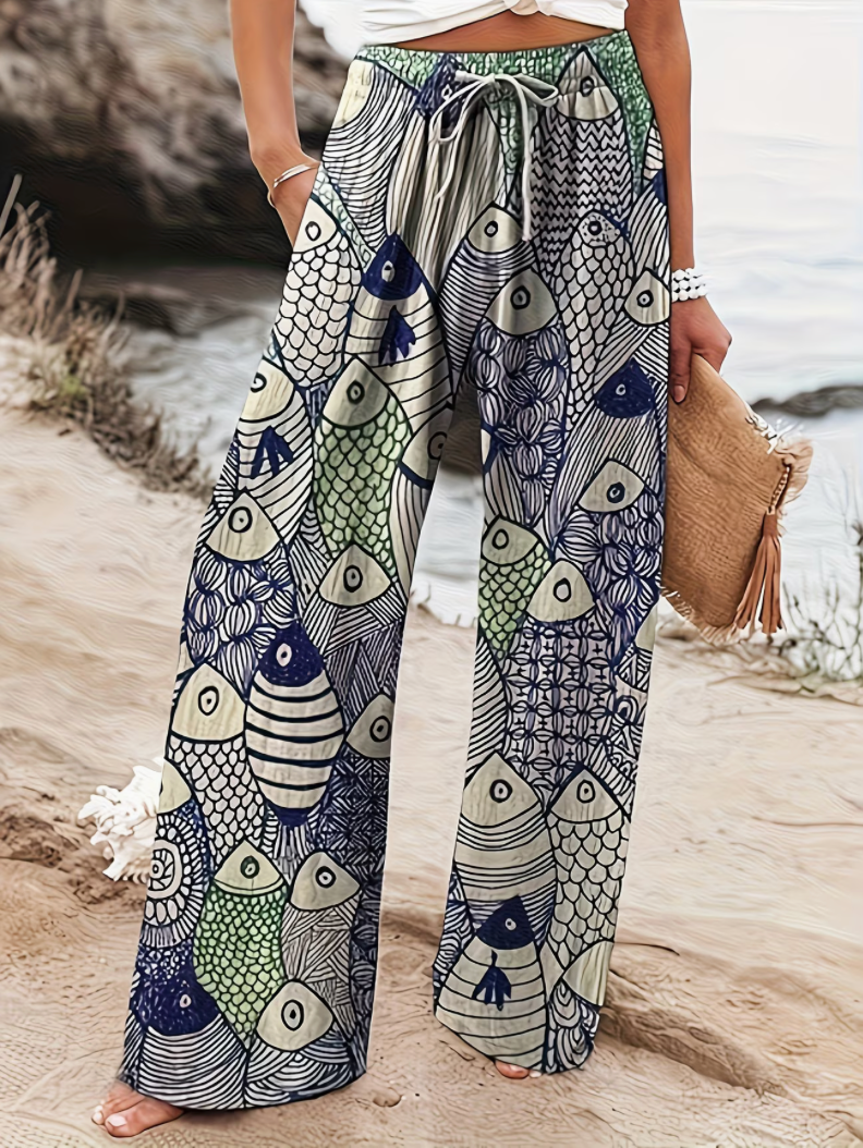Ladies Fish Pattern Drawstring Waistband Pants