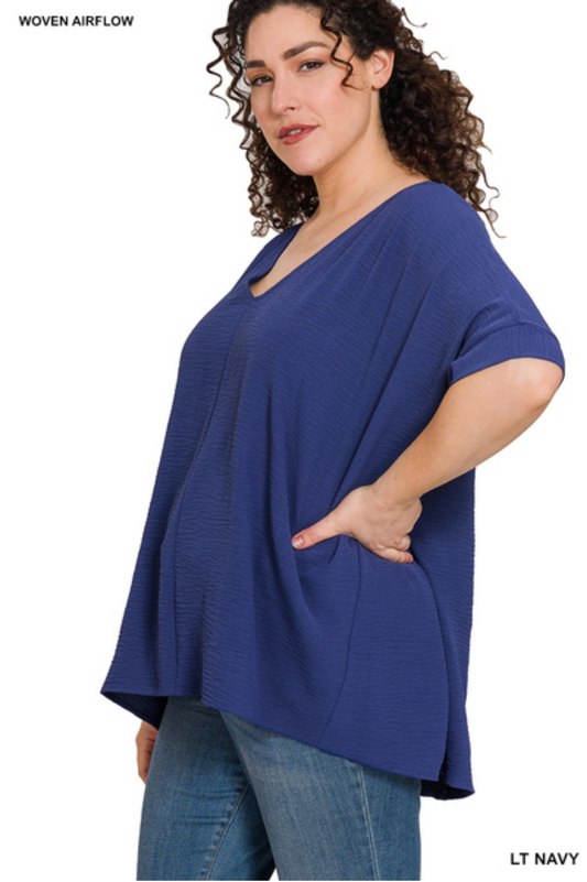 Navy Woven V-neck Dolman Top