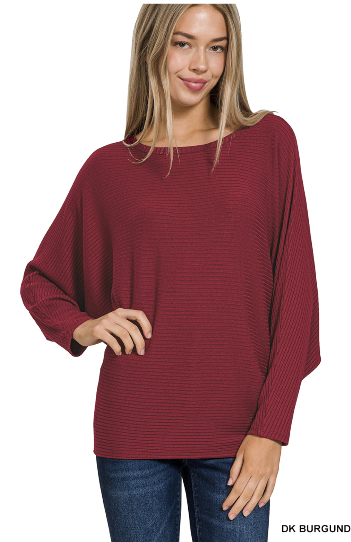 Burgundy Ribbed Batwing Boat Neck Sweater