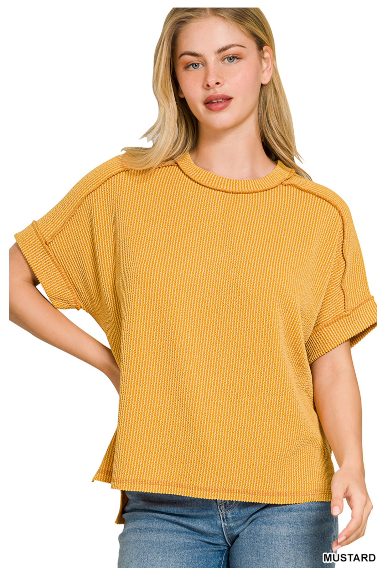 Mustard Raised Ribbed Raw Edge Top