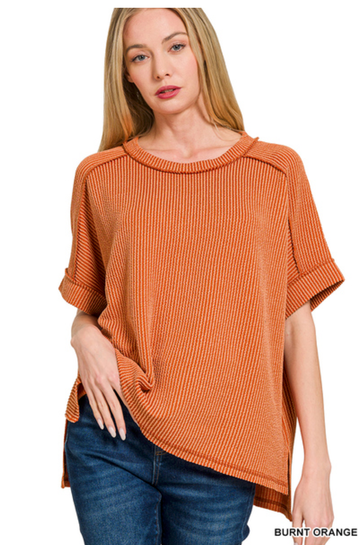 Burnt Orange Raised Ribbed Raw Edge Top