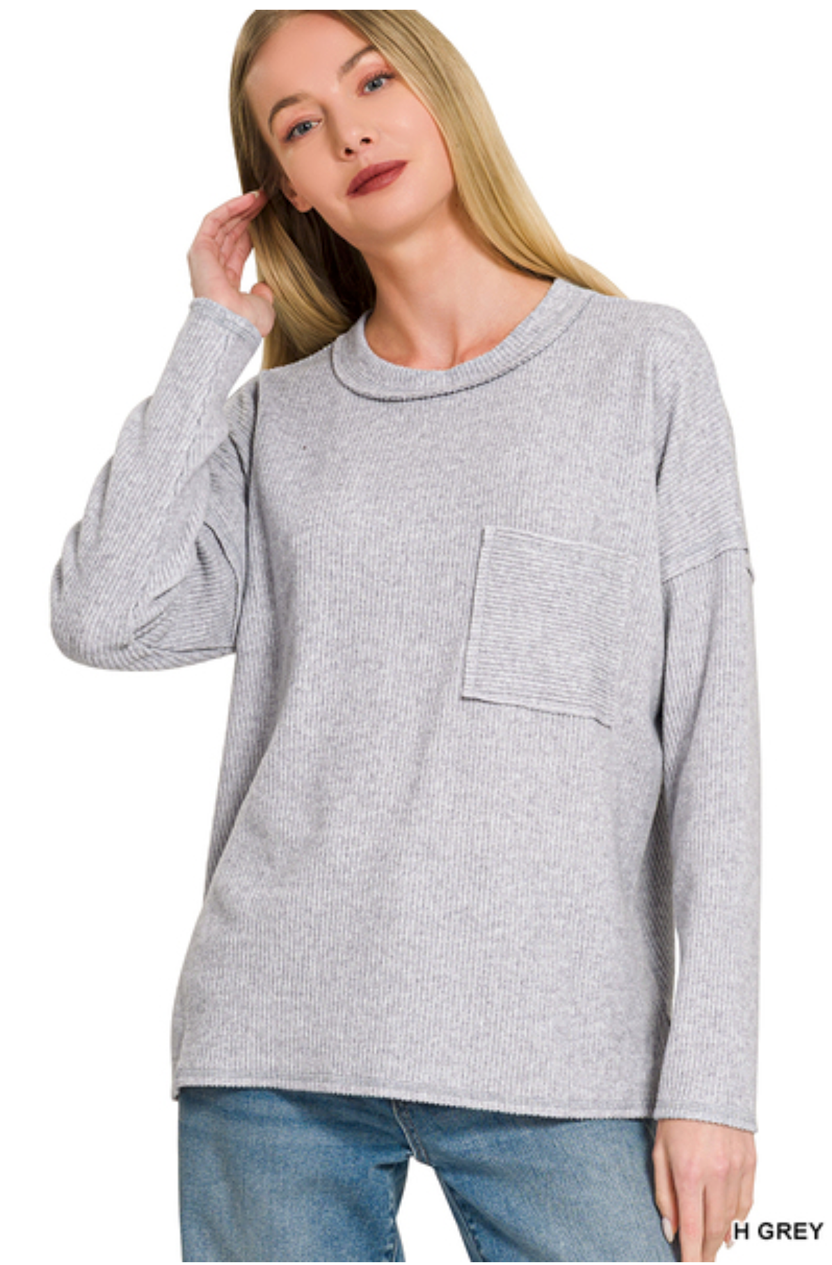 Heather Grey Brushed Melange Hacci Pocket Sweater