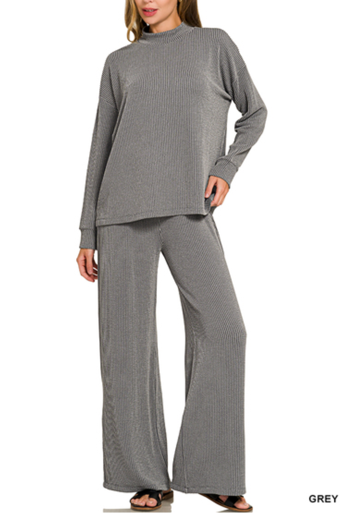 Grey Ribbed Mock Neck Lounge Set