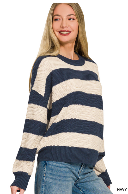 NAVY STRIPED DROP SHOULDER SWEATER