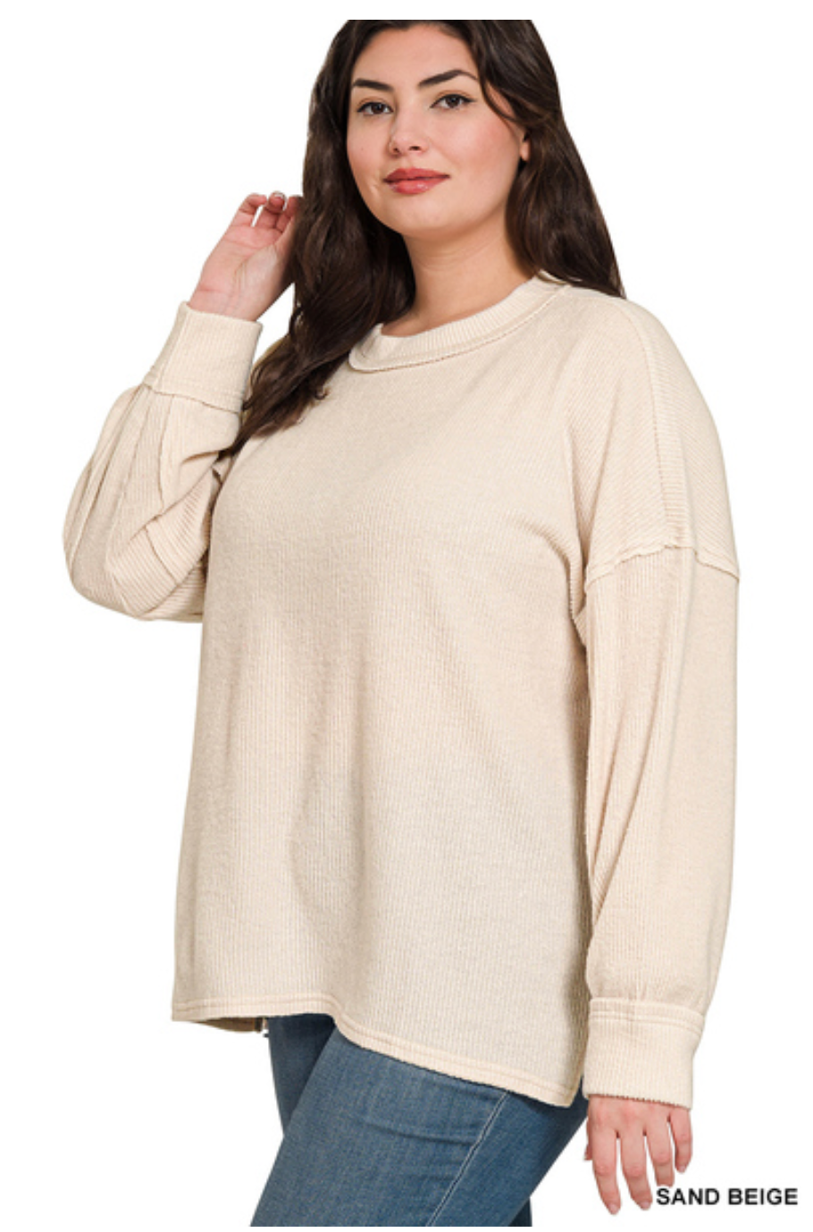 Beige Brushed Drop Shoulder Exposed Seam Sweater
