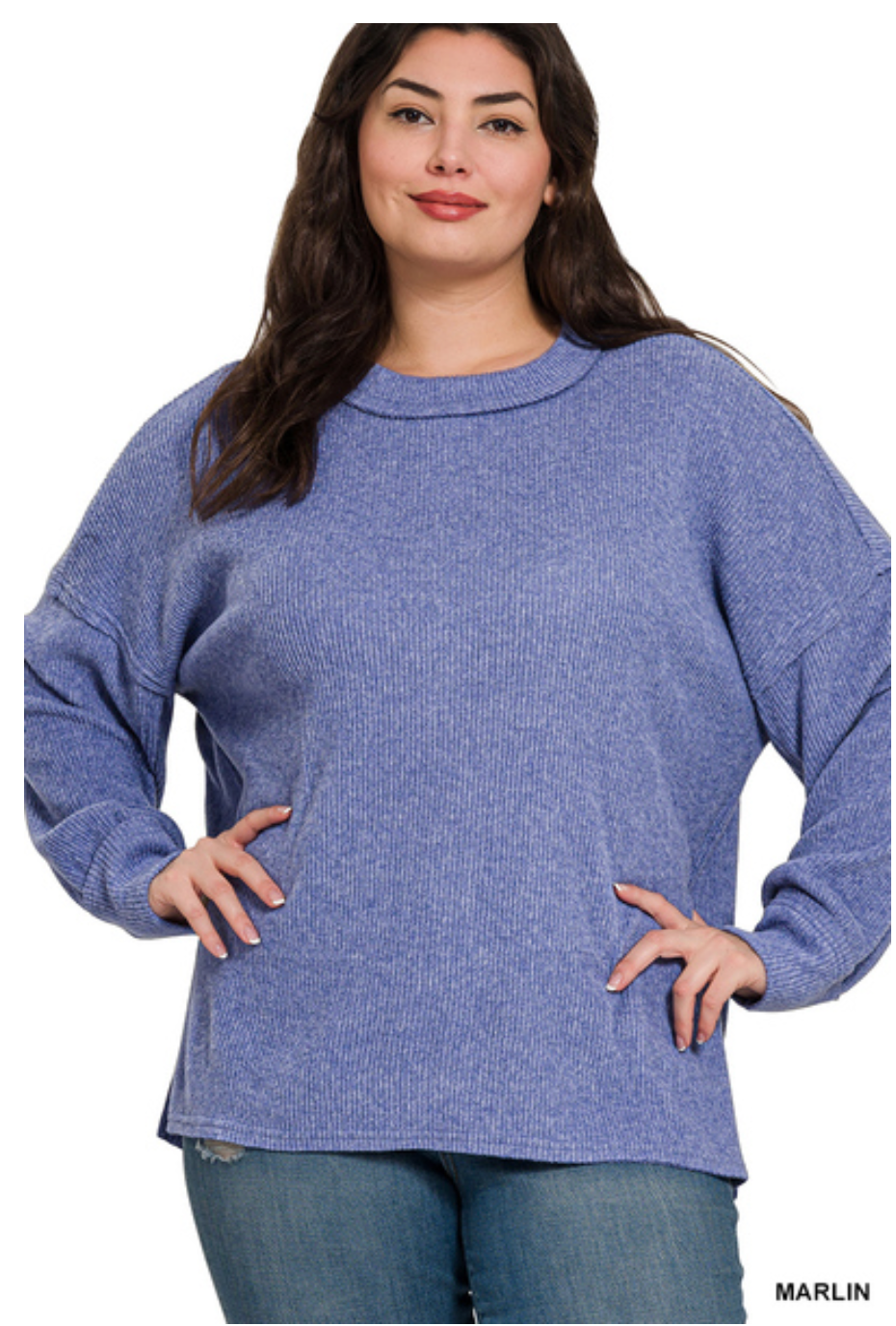 Blue Marlin Brushed Drop Shoulder Exposed Seam Sweater