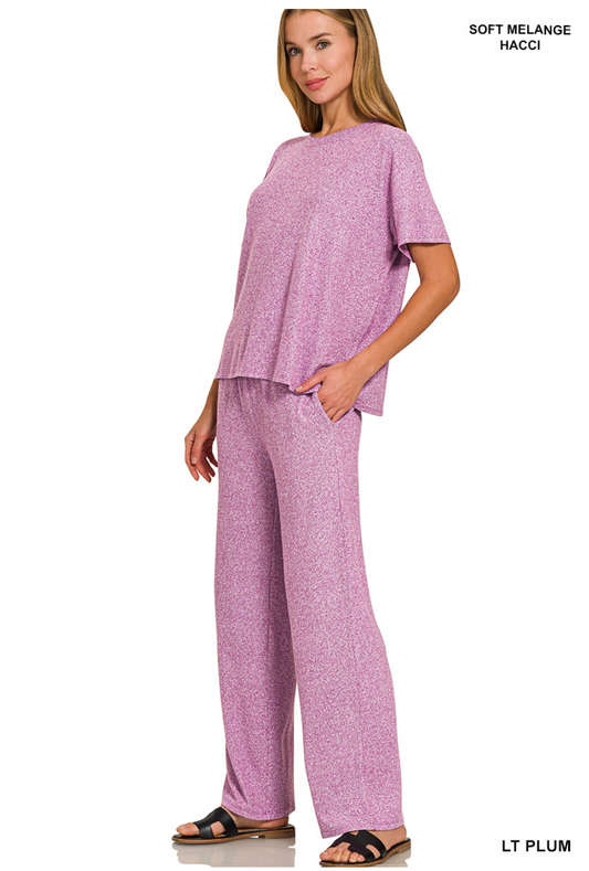 Plum Melange Short Sleeve Top + Pants Set