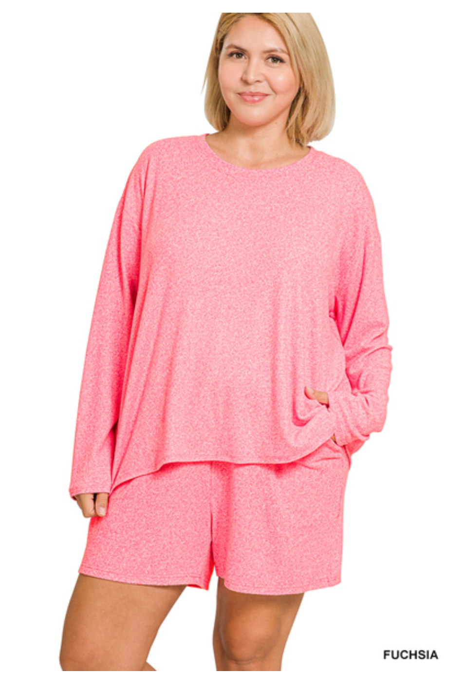 Pink Melange Long Sleeve Top + Shorts Set