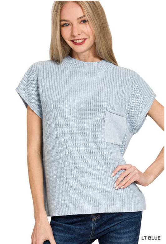 Ice Blue Mock Neck Short Sleeve Sweater