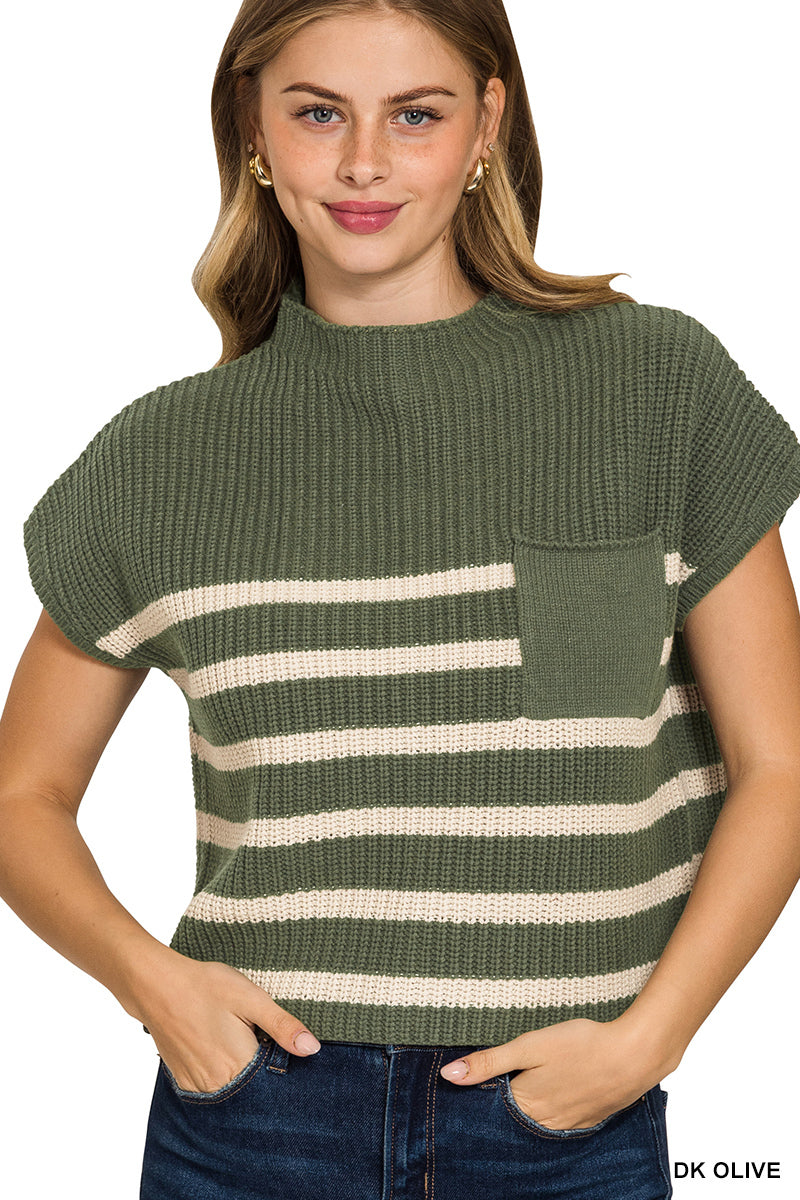 Dark Olive Short Sleeve Striped Sweater