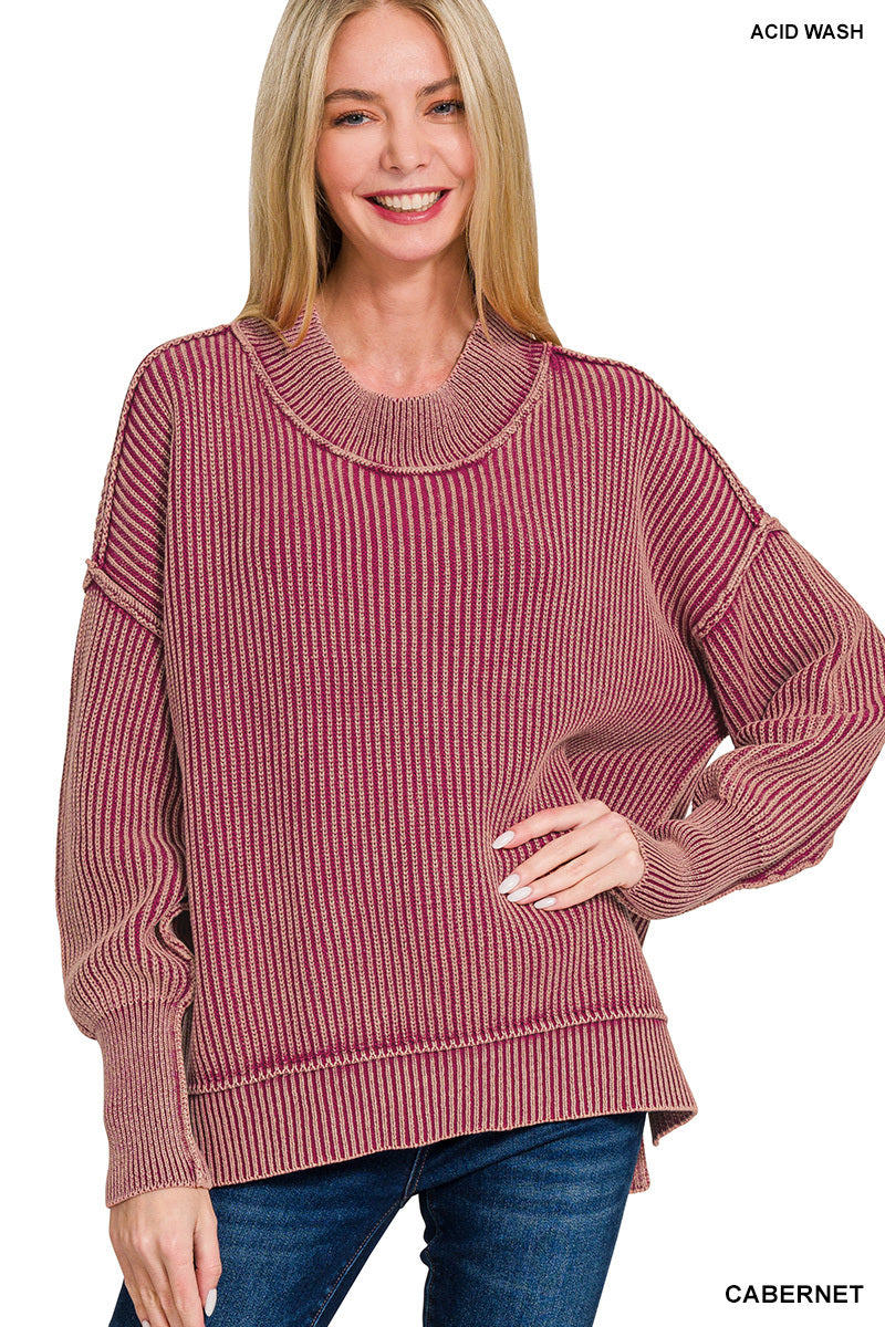 CABERNET WASHED SIDE SLIT OVERSIZED SWEATER