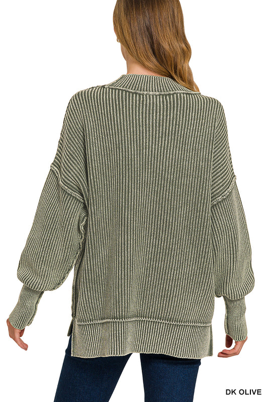 DARK OLIVE WASHED SIDE SLIT OVERSIZED SWEATER