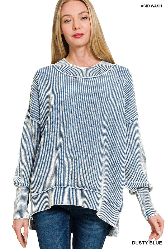 DUSTY BLUE WASHED SIDE SLIT OVERSIZED SWEATER