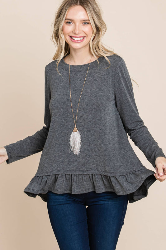 Charcoal Long Sleeve Top with Ruffle Hem Trim