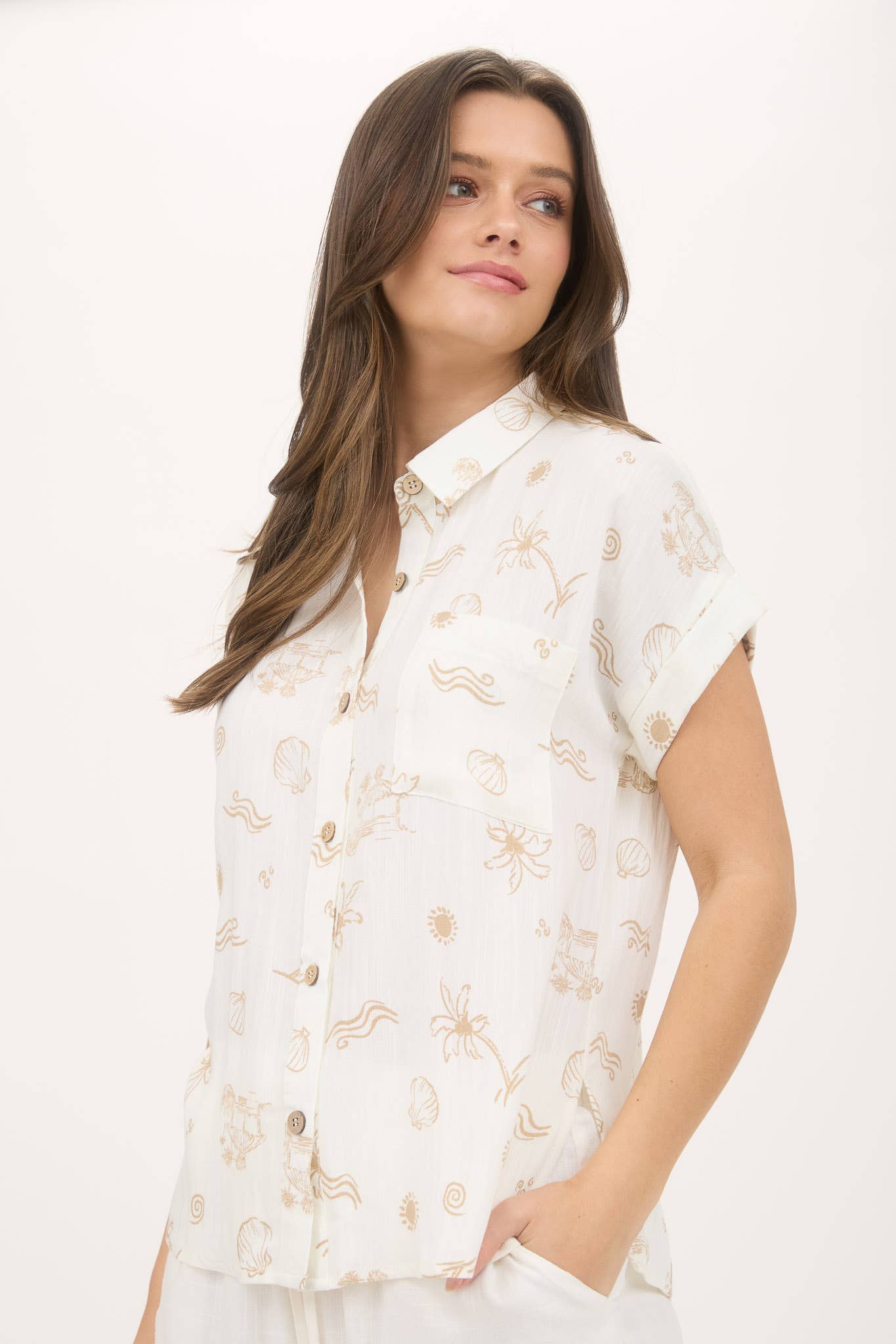 Natural Beachy Print Collared Blouse