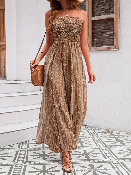 Brown Strapless Wide Leg Jumpsuit For Women