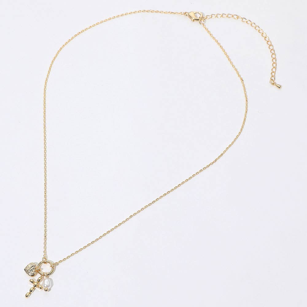 Cross Heart Pearl Pendant Necklace