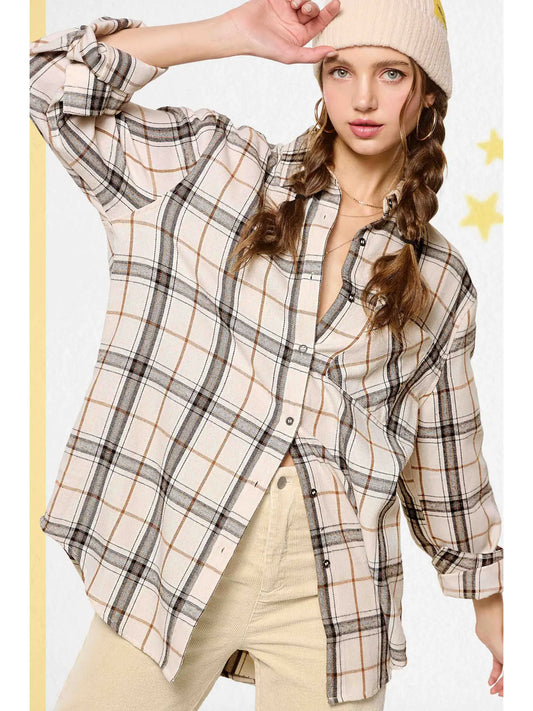 Bone Loose Fit Button Down Soft Plaid Shirt