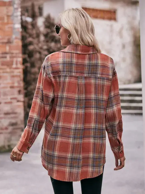 Coffee Oversized Loose Plaid Button Down