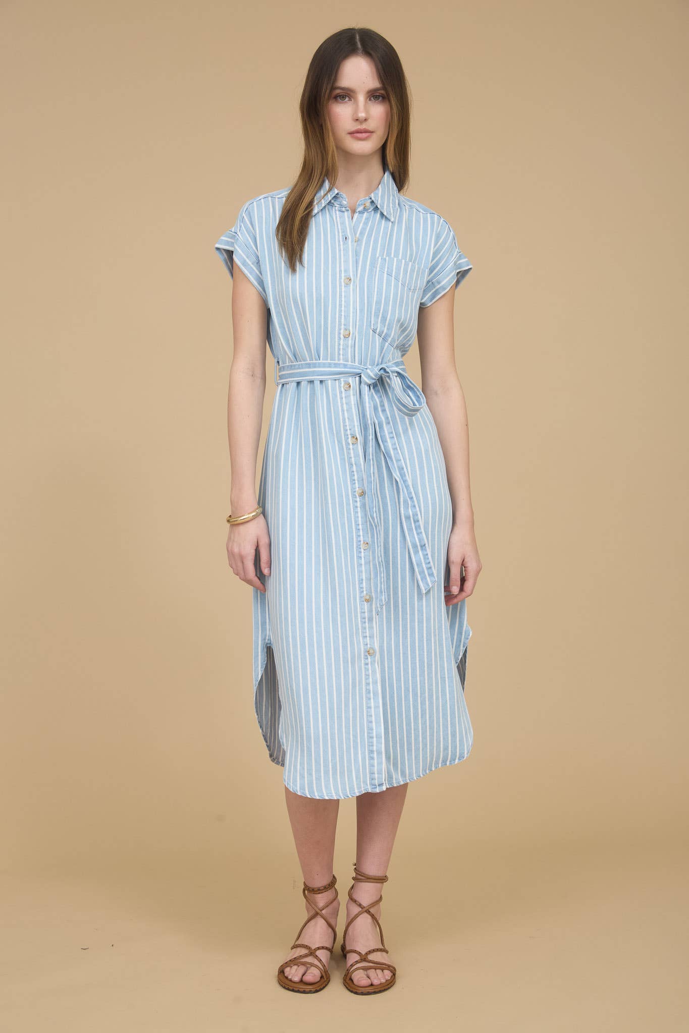 Striped Chambray Tie Belt Midi Dress