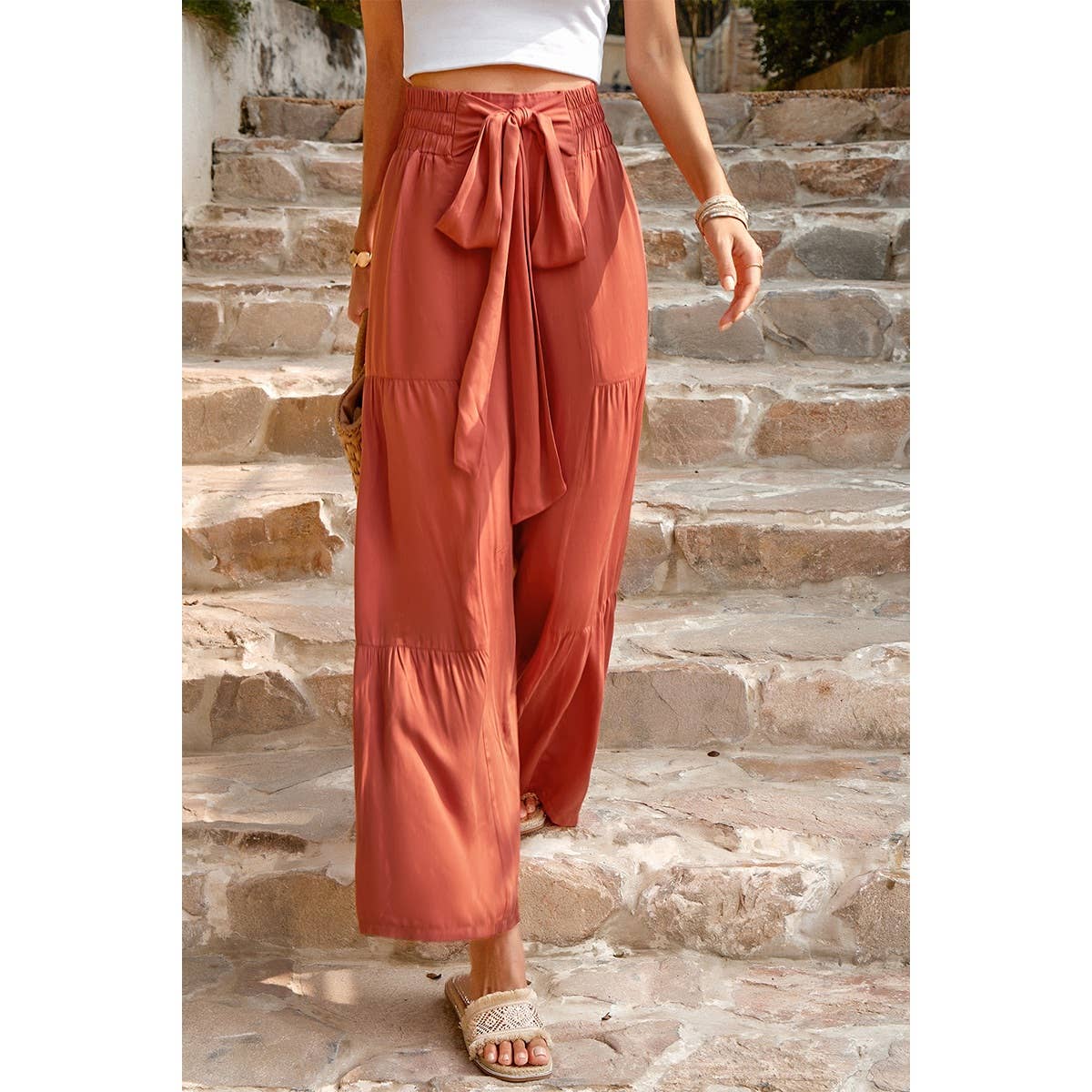 High Waist Knot Elastic Solid Pant