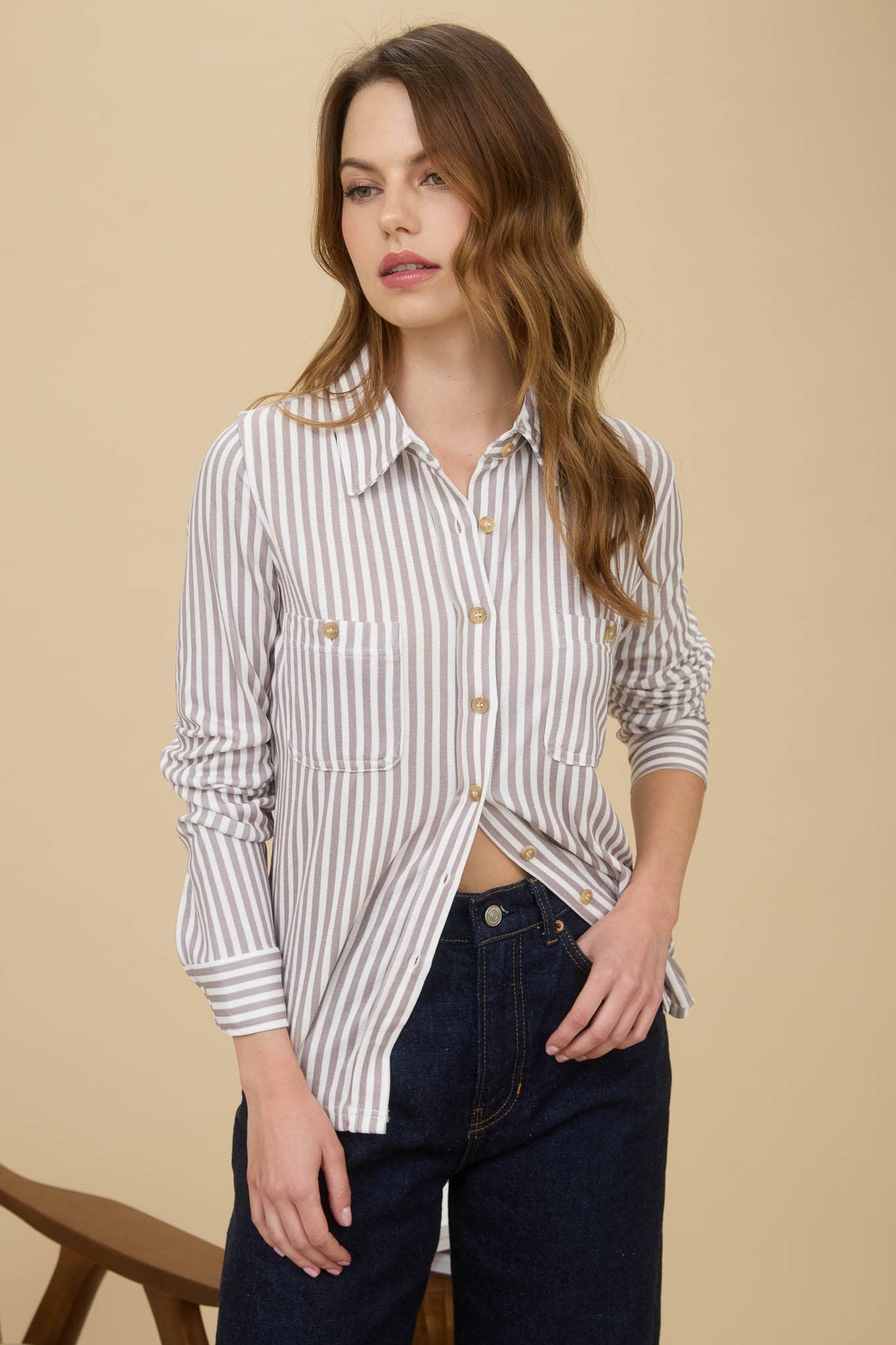 Mocha Striped Collared Long Sleeve Button Down