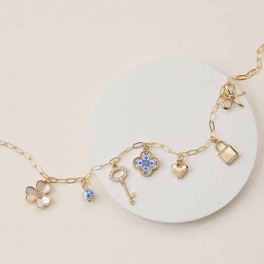 Key, Heart & Floral Accents Gold Charm Necklace
