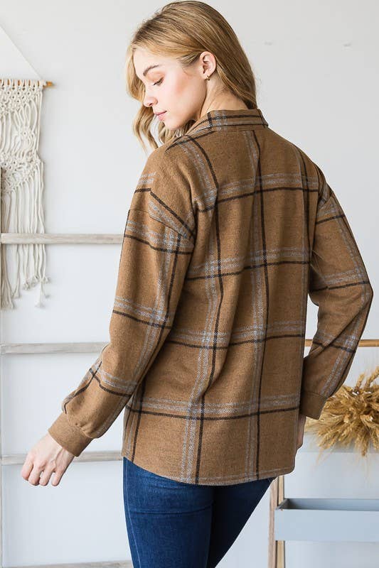 CAMEL LONG SLEEVE V-NECK MULTI PLAID TOP