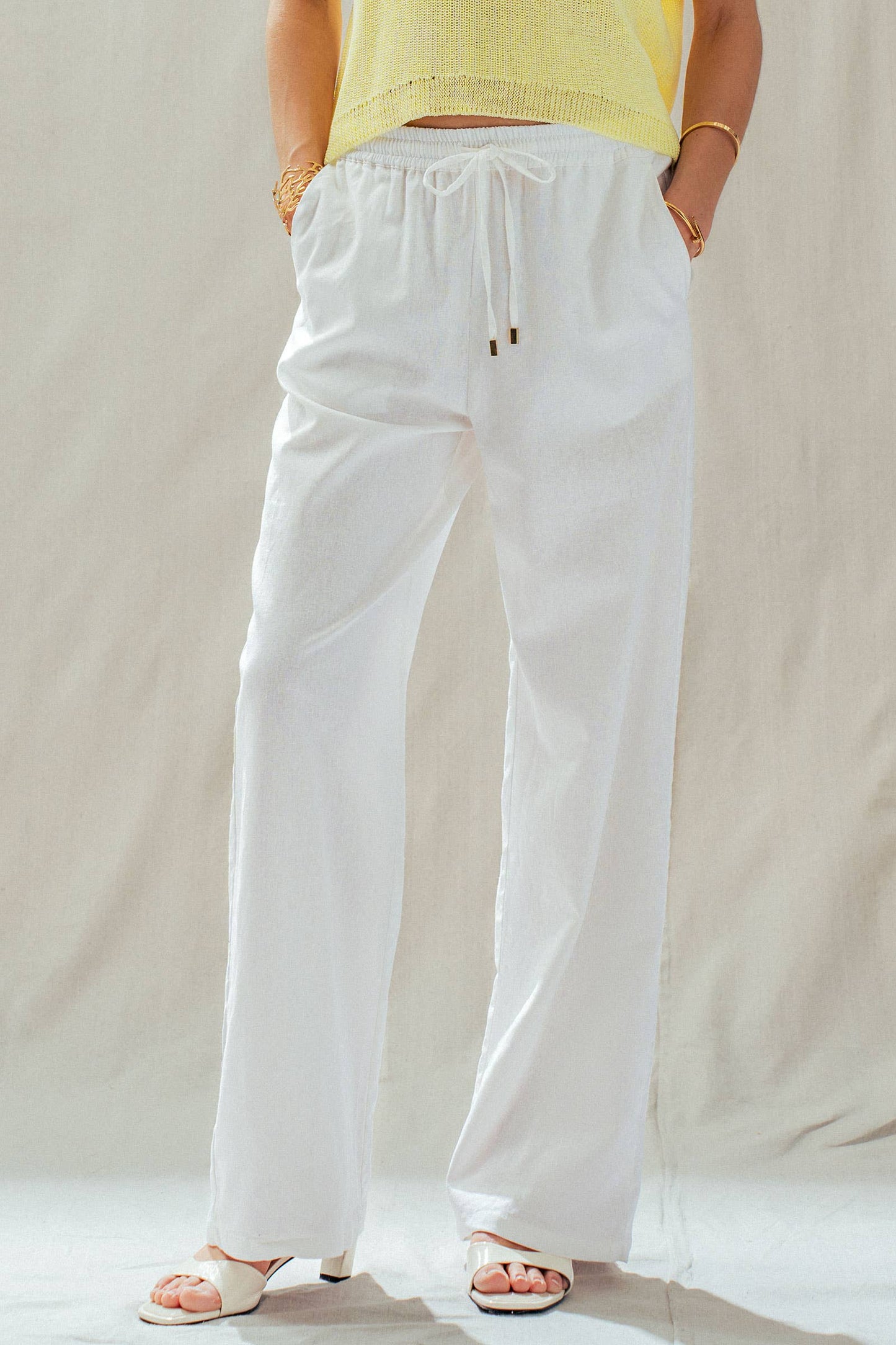 White Linen Blend Wide Leg Drawstring Pants