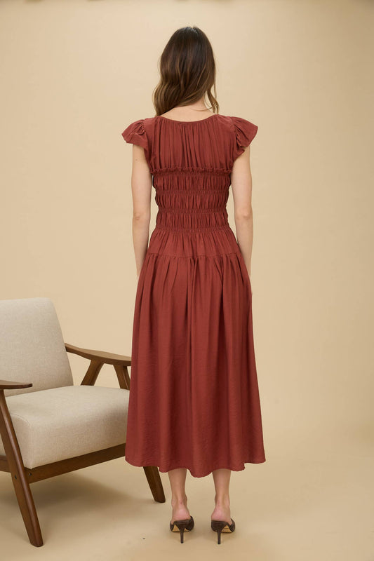 Sienna Shirred Bodice Ruffle Sleeve Midi Dress