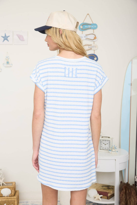 Light Blue Textured Striped T-Shirt Dress