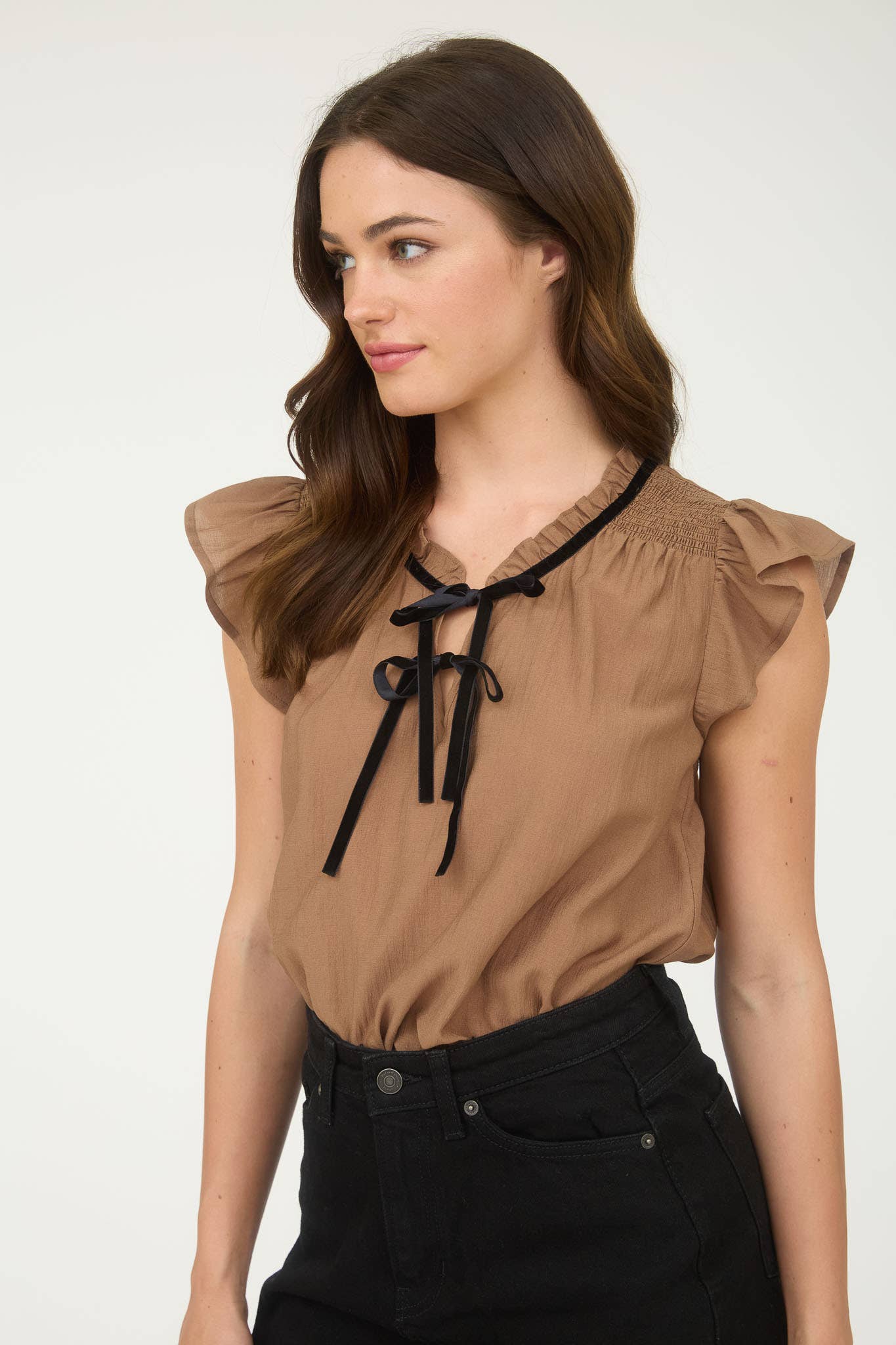 Ivory Contrast Front Bow Short Sleeve Blouse