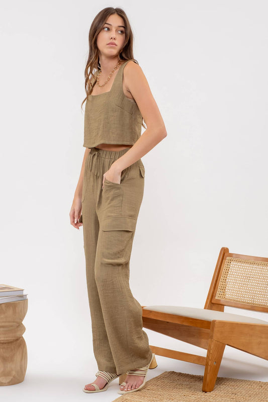 Olive Wide Leg Cargo Pants