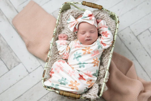 Flower Power Infant Baby Gown + Bow Headband Set