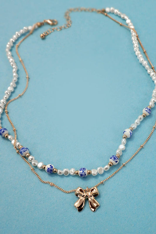 Blue Pearl + Porcelain Layered Bow Necklace