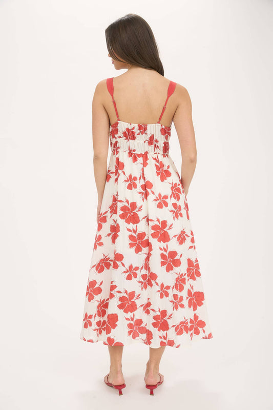 Red Floral Front Tie Sweetheart Midi Dress