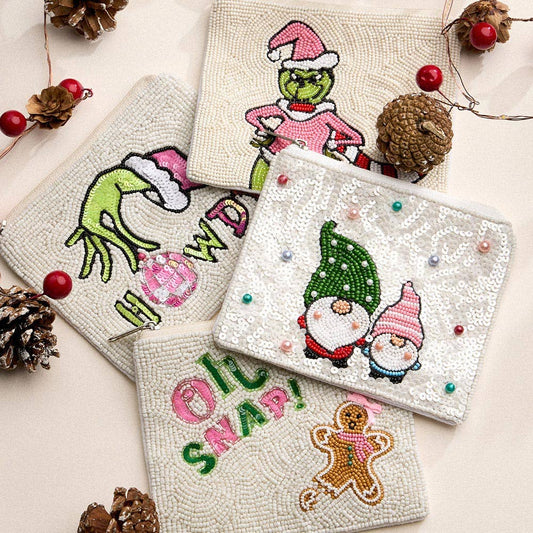 Christmas Grinch Beaded Mini Coin Pouch