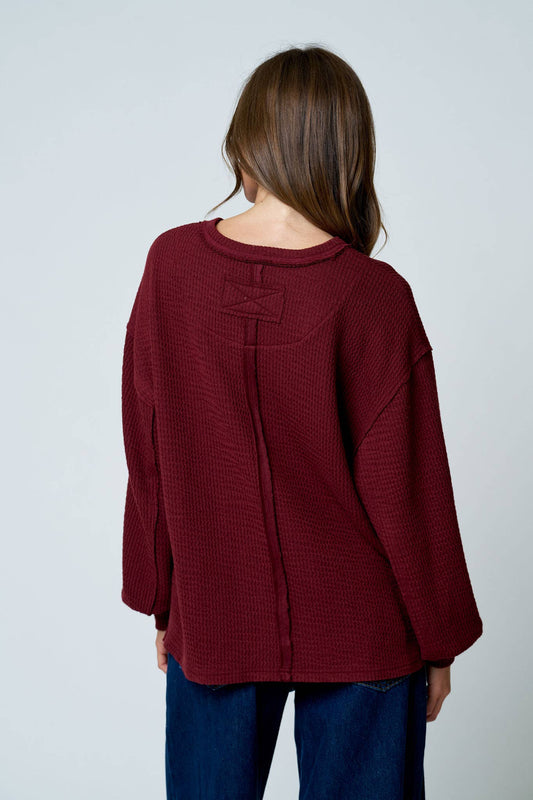 Burgundy - Textured Exposed Seam Oversized Knit Top