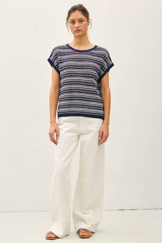 Navy Striped Crochet Top