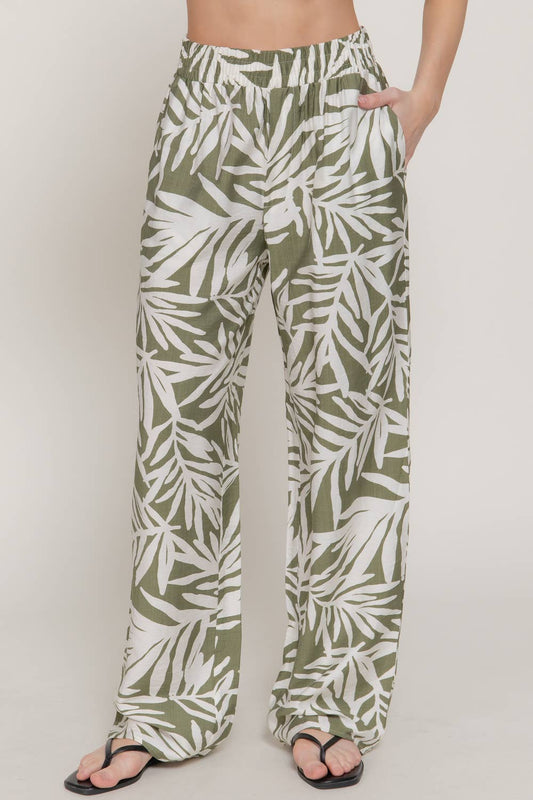 Olive Leaf Elastic Band Pants