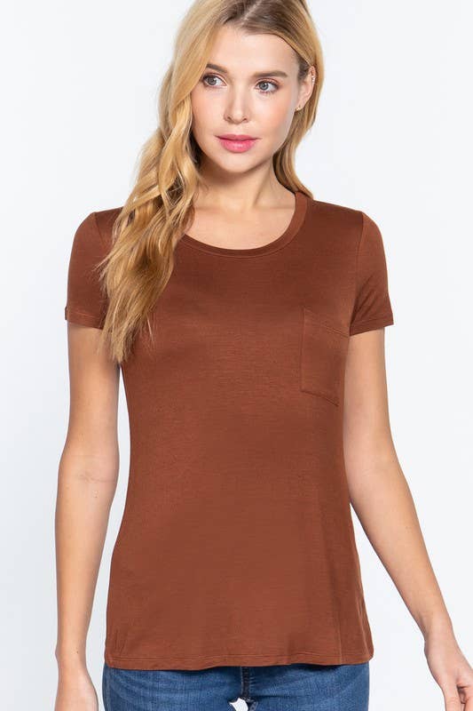 Sepia Brown Short Sleeve Scoop Neck Tee with Pocket