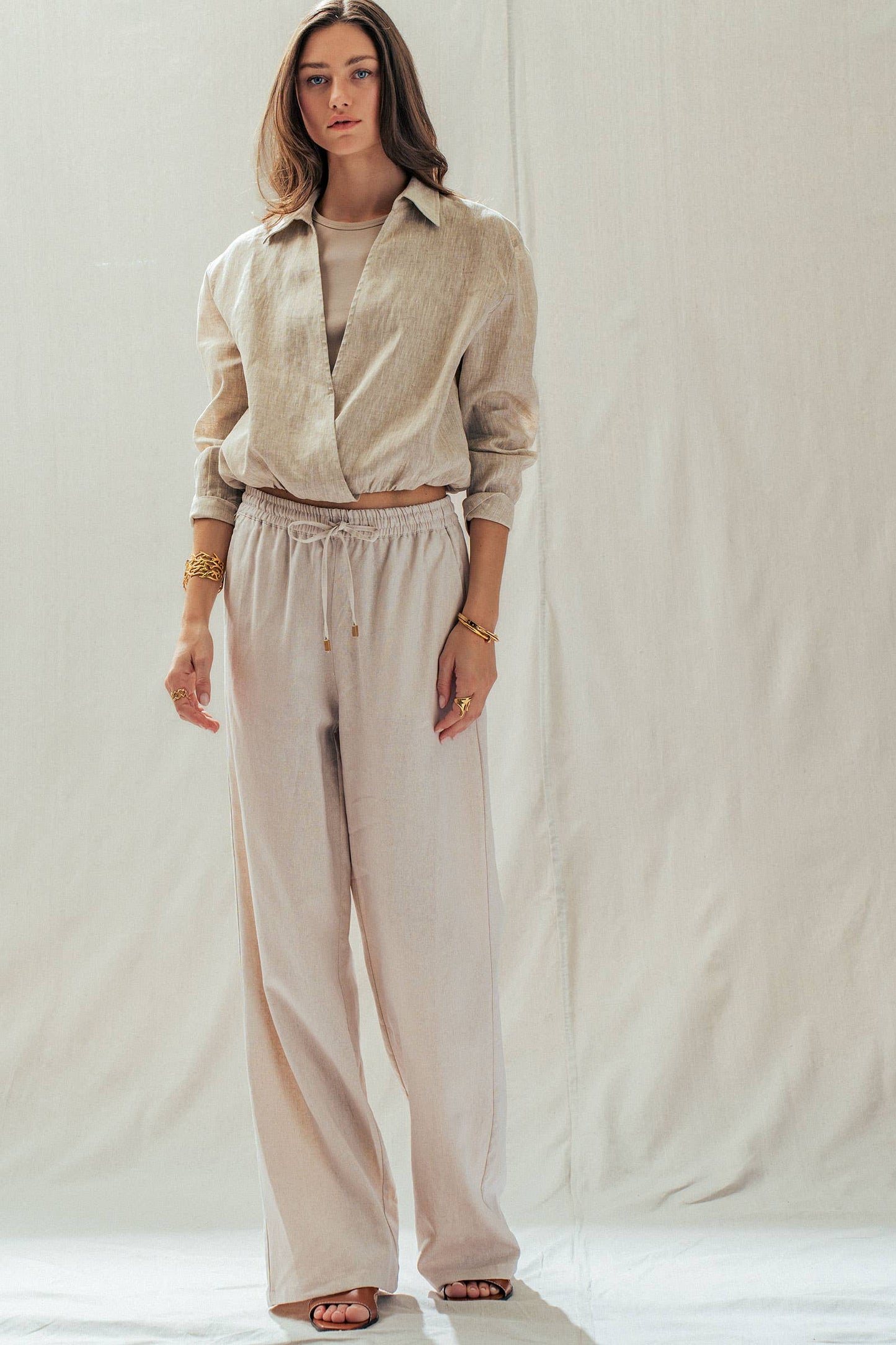 Natural Linen Blend Wide Leg Drawstring Pants