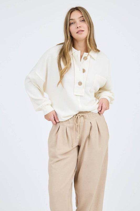 Ivory Raw Edge Collared Knit Top
