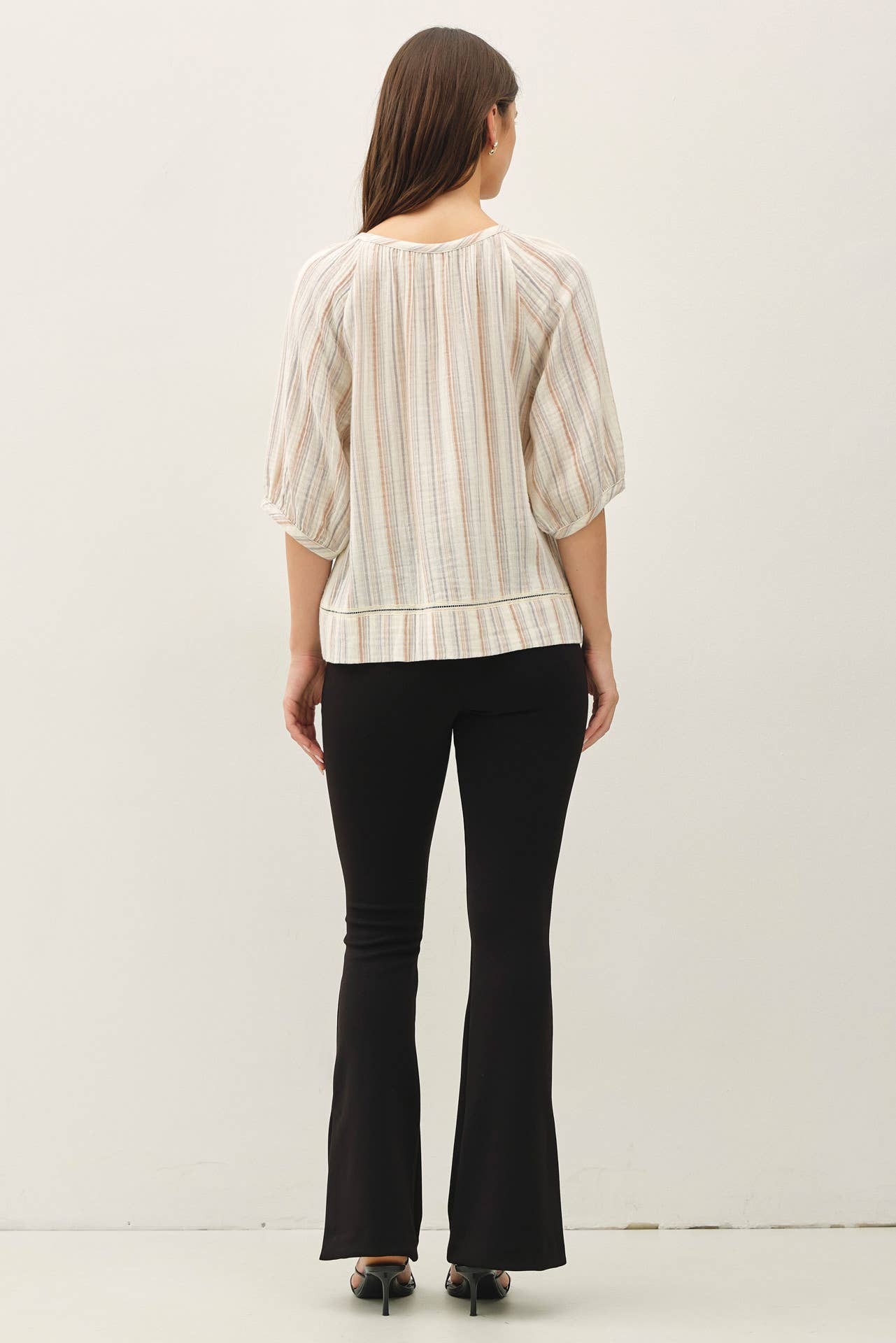 Slate Striped Gauze 3/4 Sleeve Top