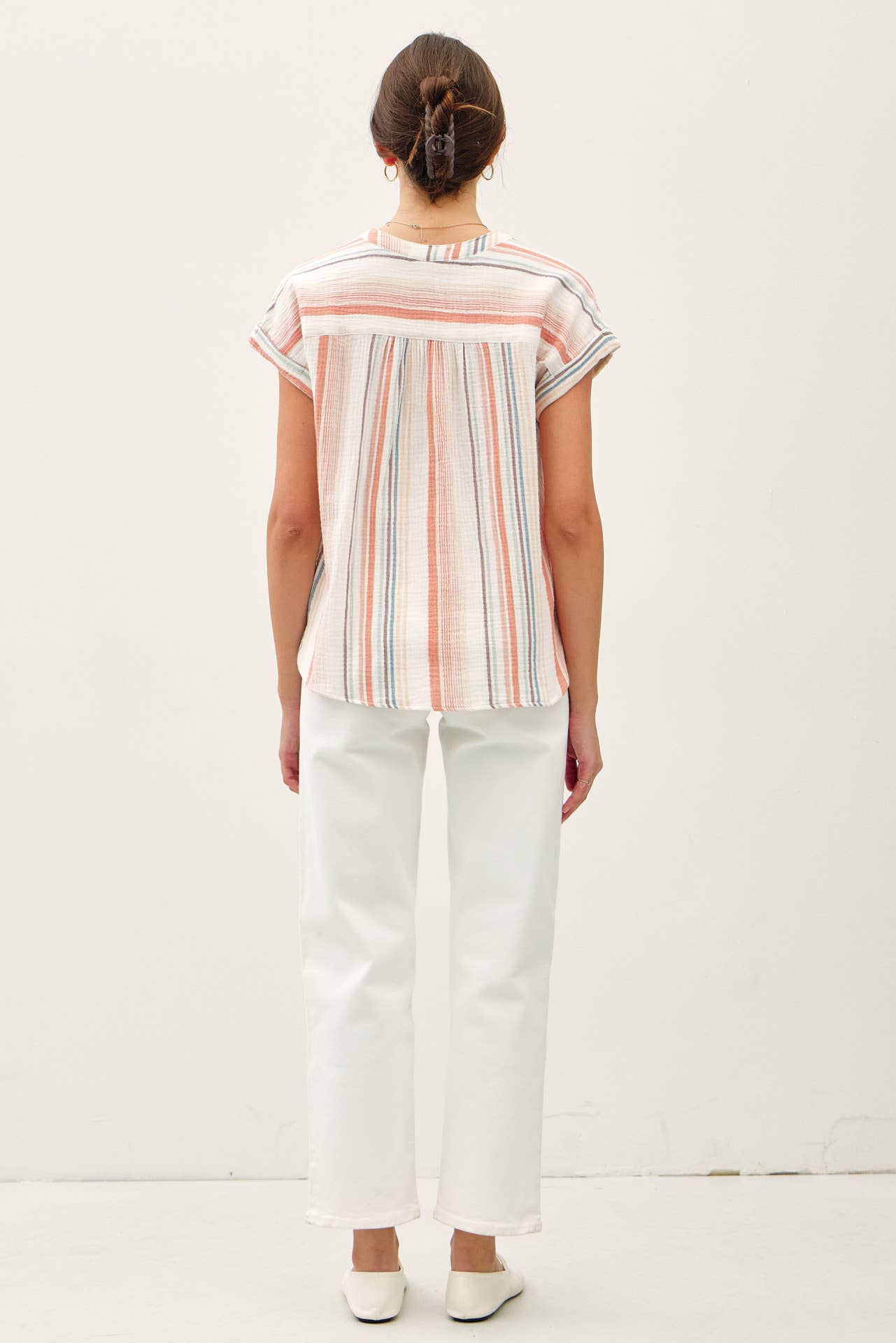 Papaya Striped Gauze V-neck Blouse