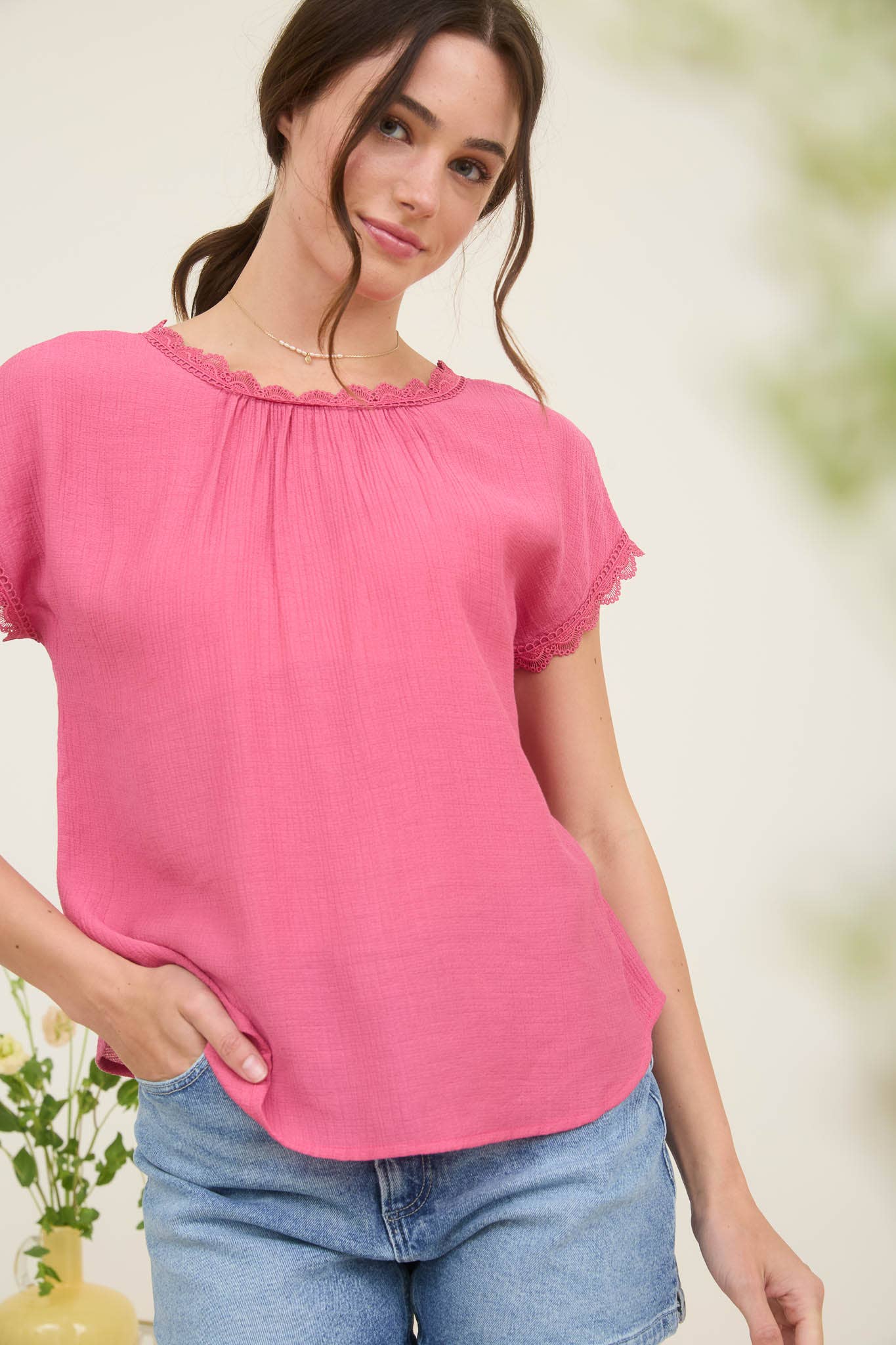 Fuchsia Lace Trim Back Bow Detailed Blouse