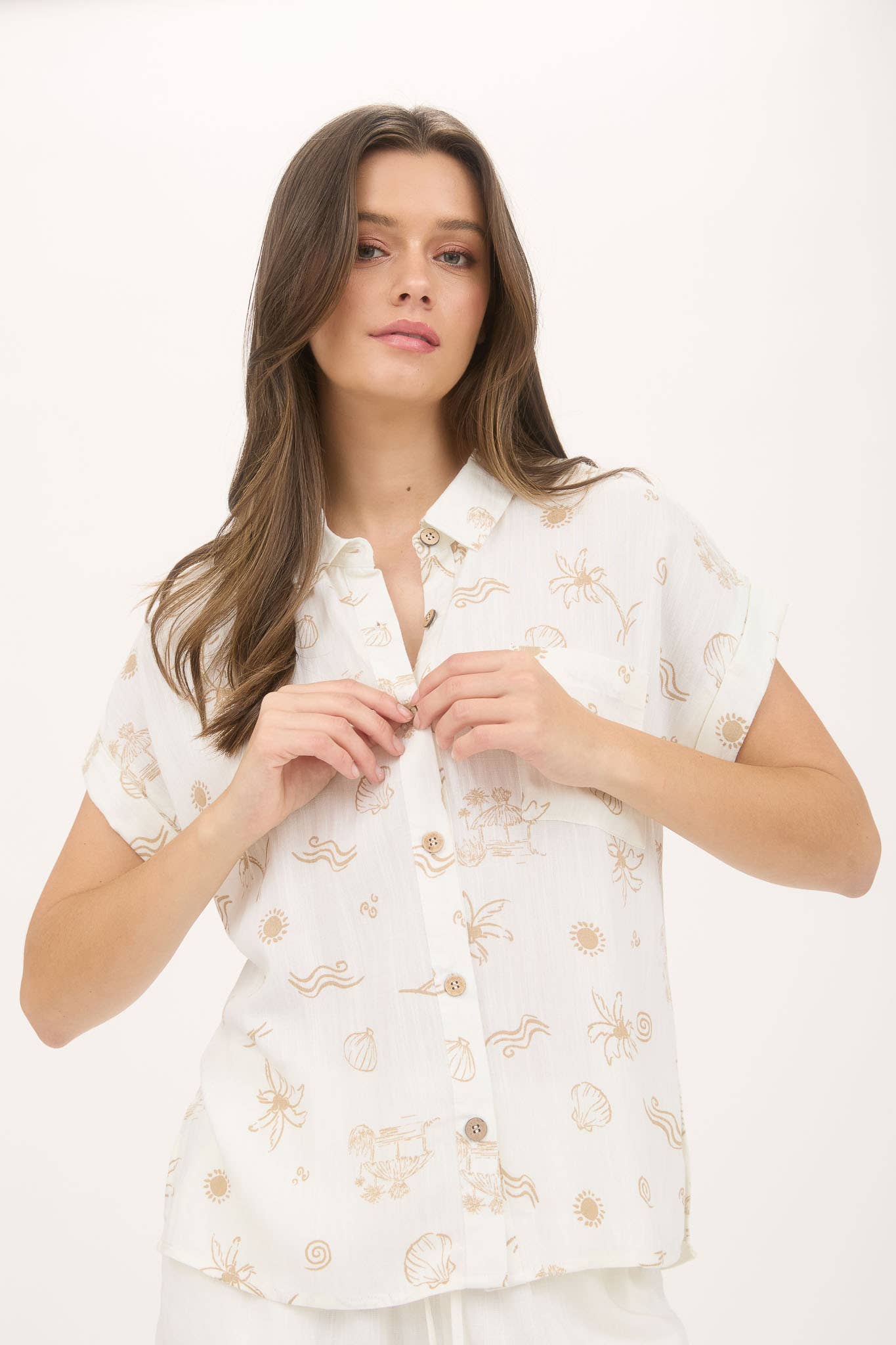Natural Beachy Print Collared Blouse