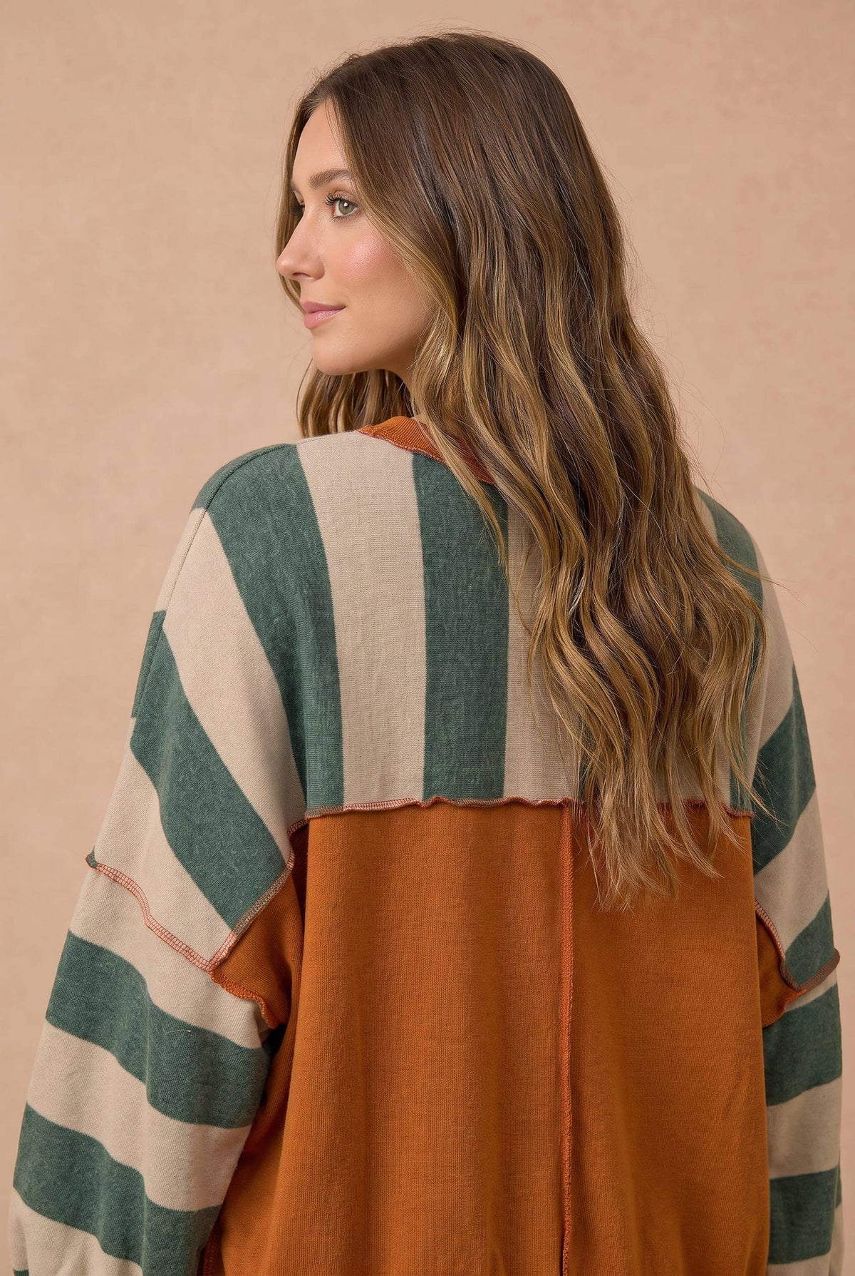 Olive / Rust Striped Color Block Hacci Pullover Top