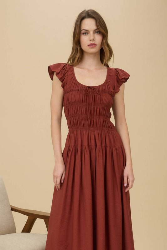 Sienna Shirred Bodice Ruffle Sleeve Midi Dress