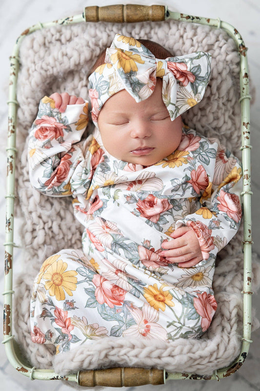 Botanical Ecru Infant Baby Gown + Bow Set